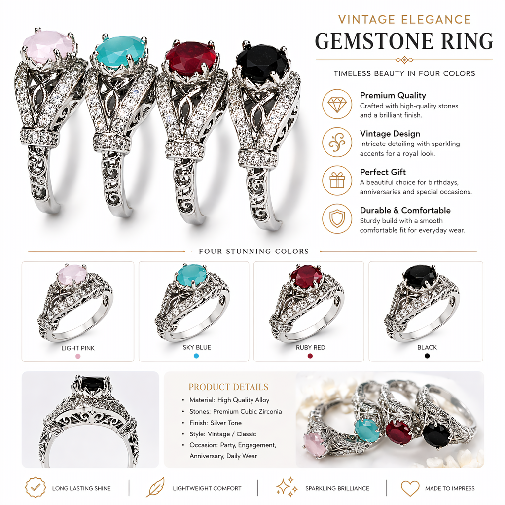 Vintage Elegance Gemstone Ring - Adjustable