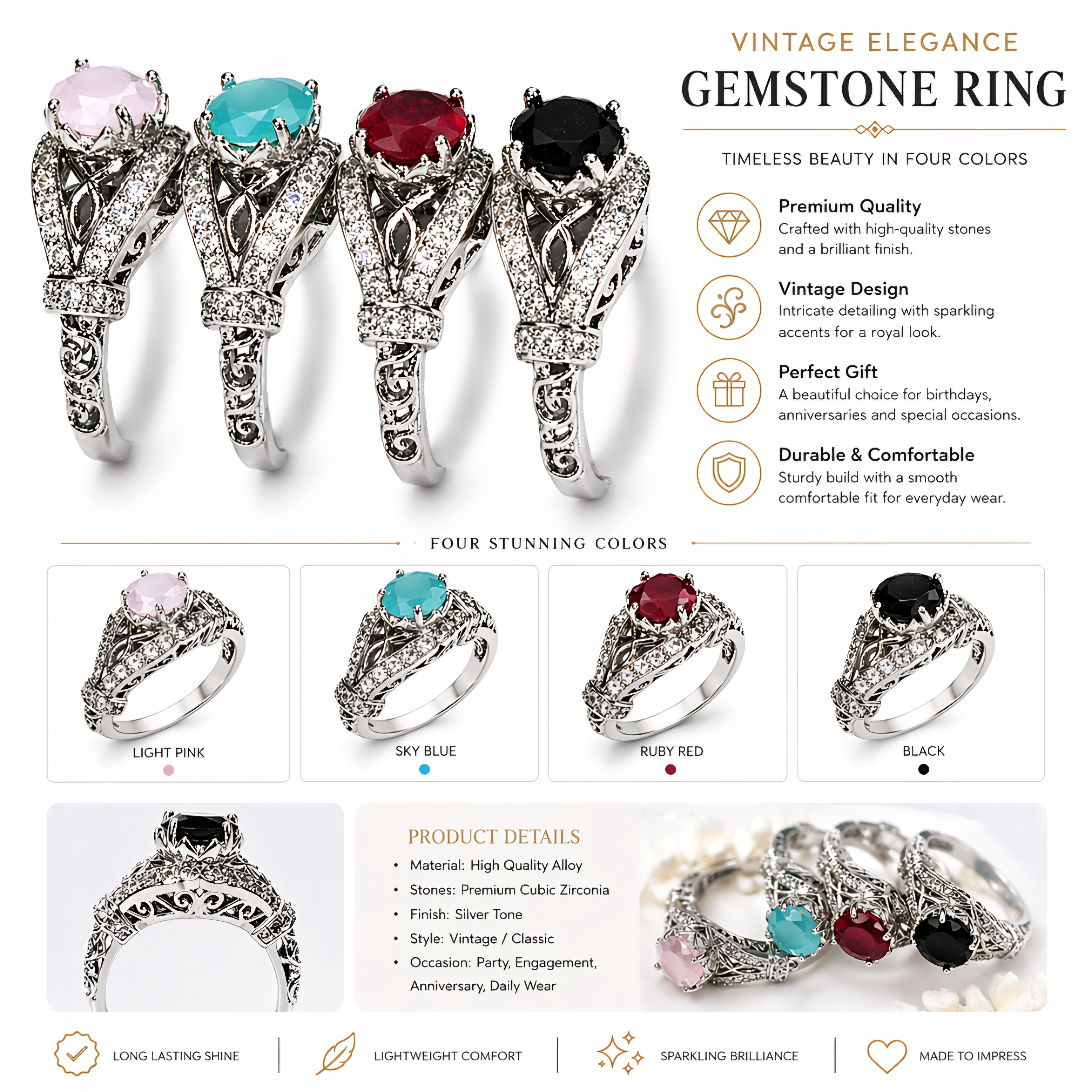 Vintage Elegance Gemstone Ring - Adjustable