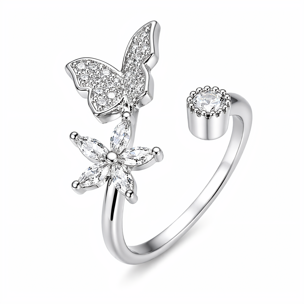 Elegant Butterfly & Flower Adjustable Ring