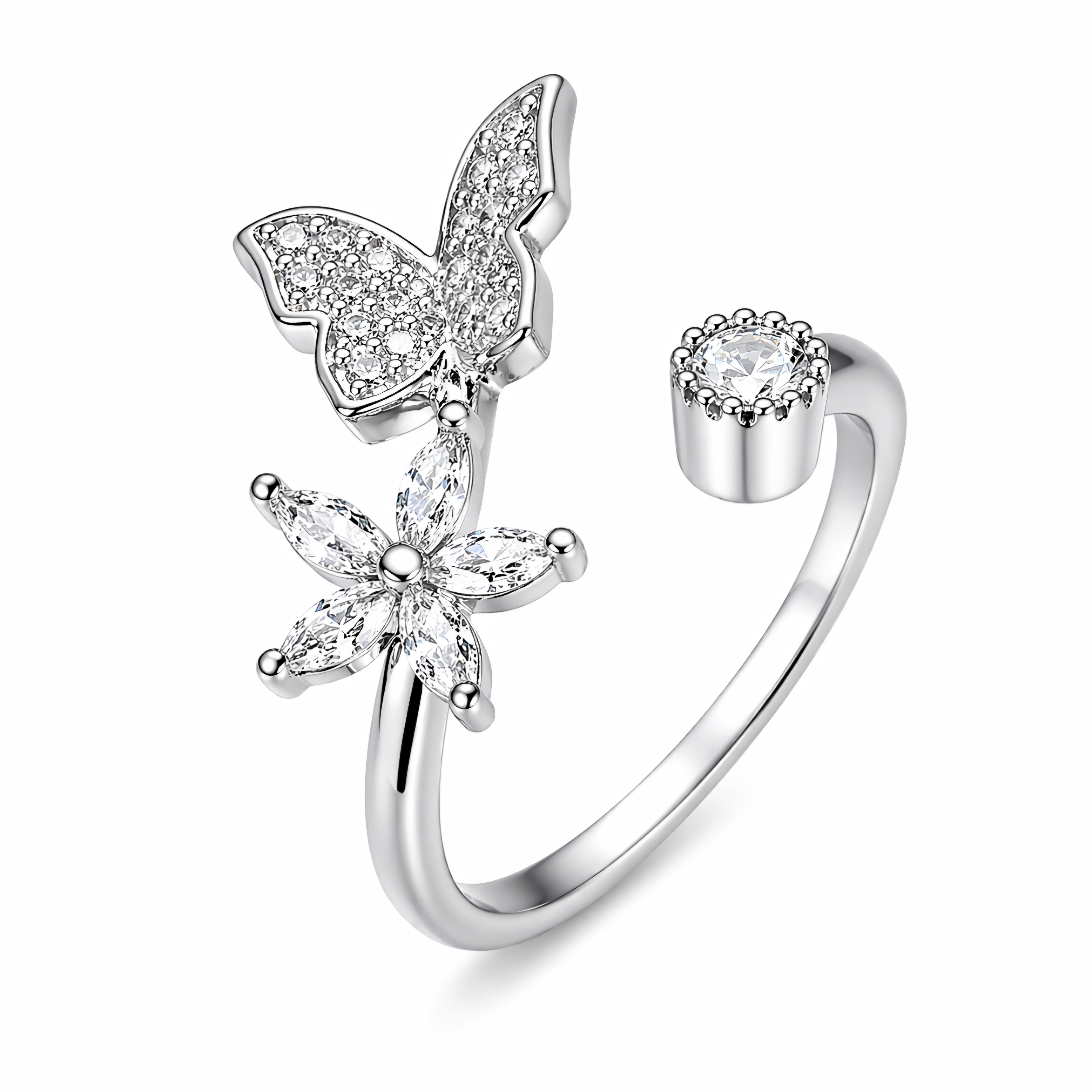 Elegant Butterfly & Flower Adjustable Ring