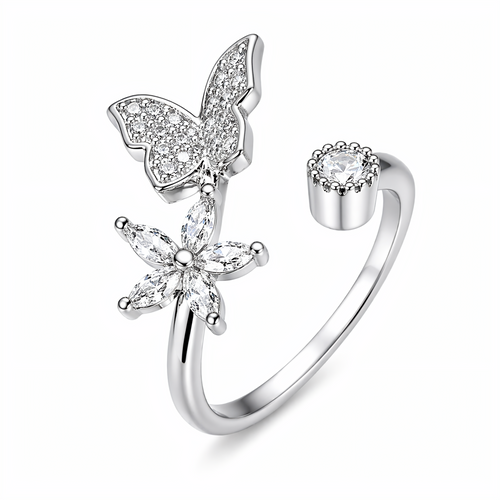 Elegant Butterfly & Flower Adjustable Ring