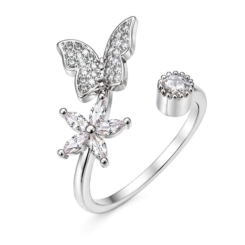 Elegant Butterfly & Flower Adjustable Ring