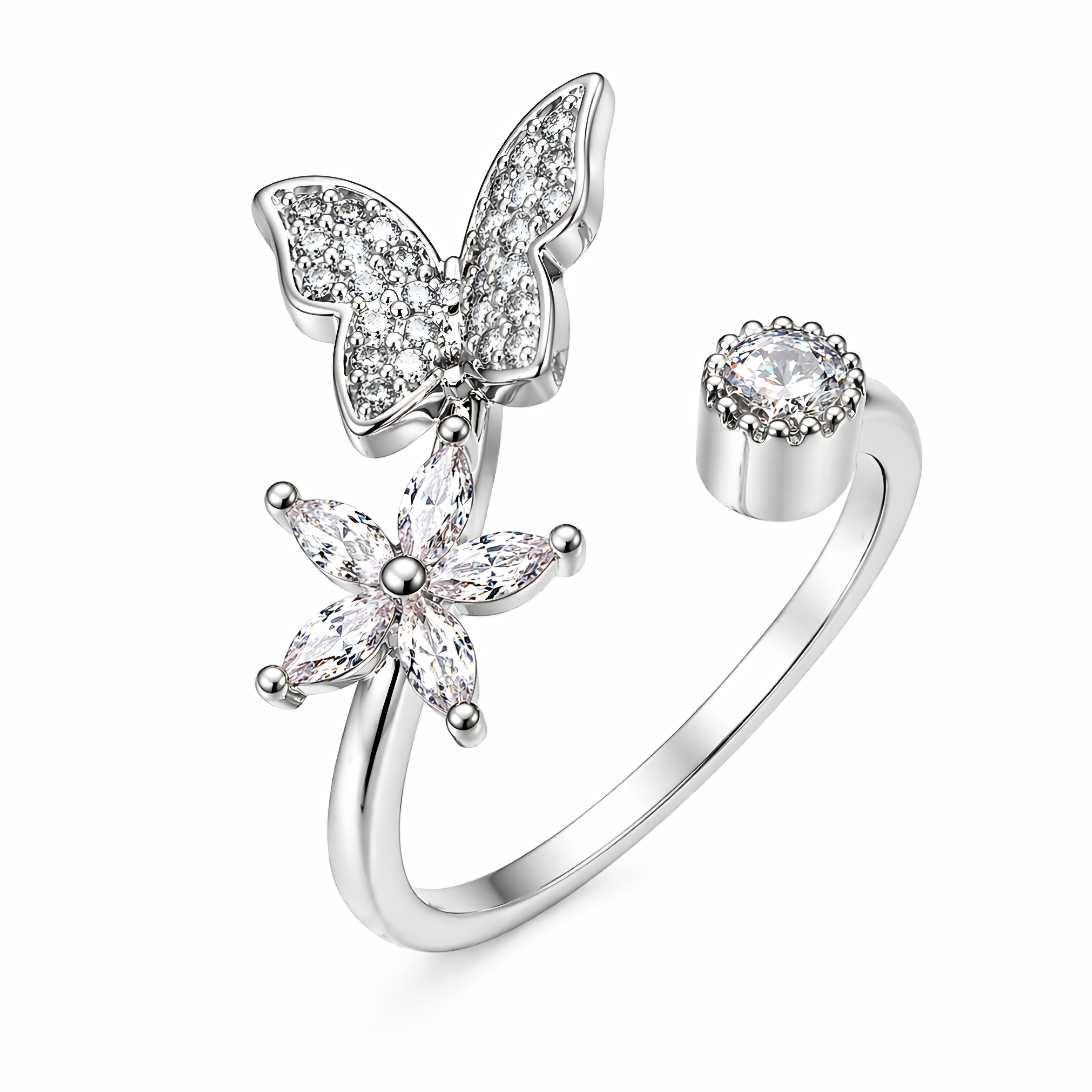 Elegant Butterfly & Flower Adjustable Ring
