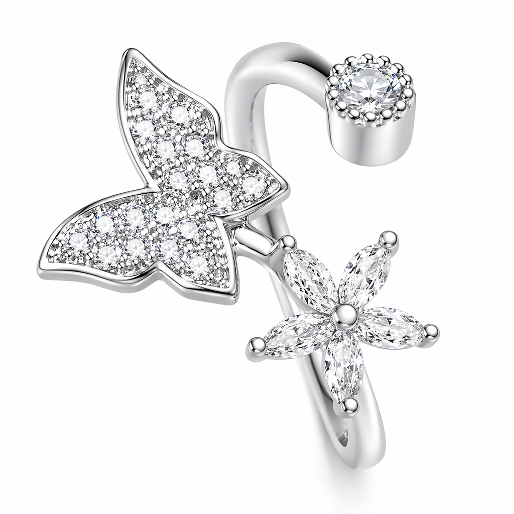 Elegant Butterfly & Flower Adjustable Ring