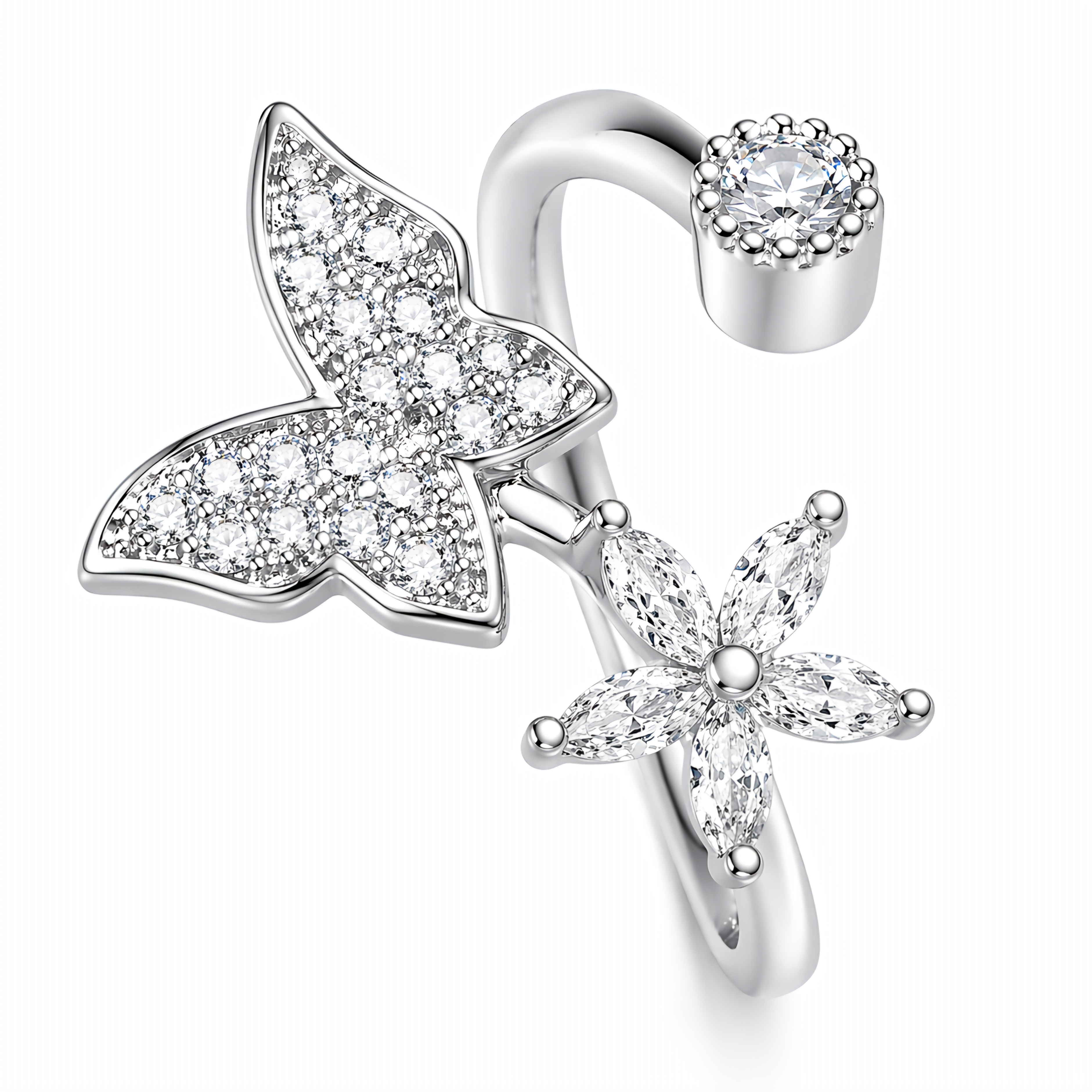 Elegant Butterfly & Flower Adjustable Ring