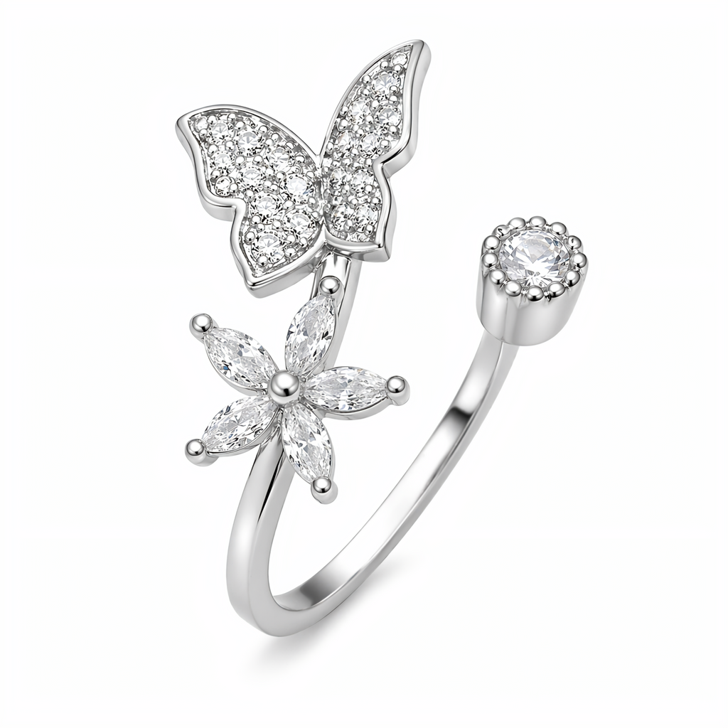 Elegant Butterfly & Flower Adjustable Ring