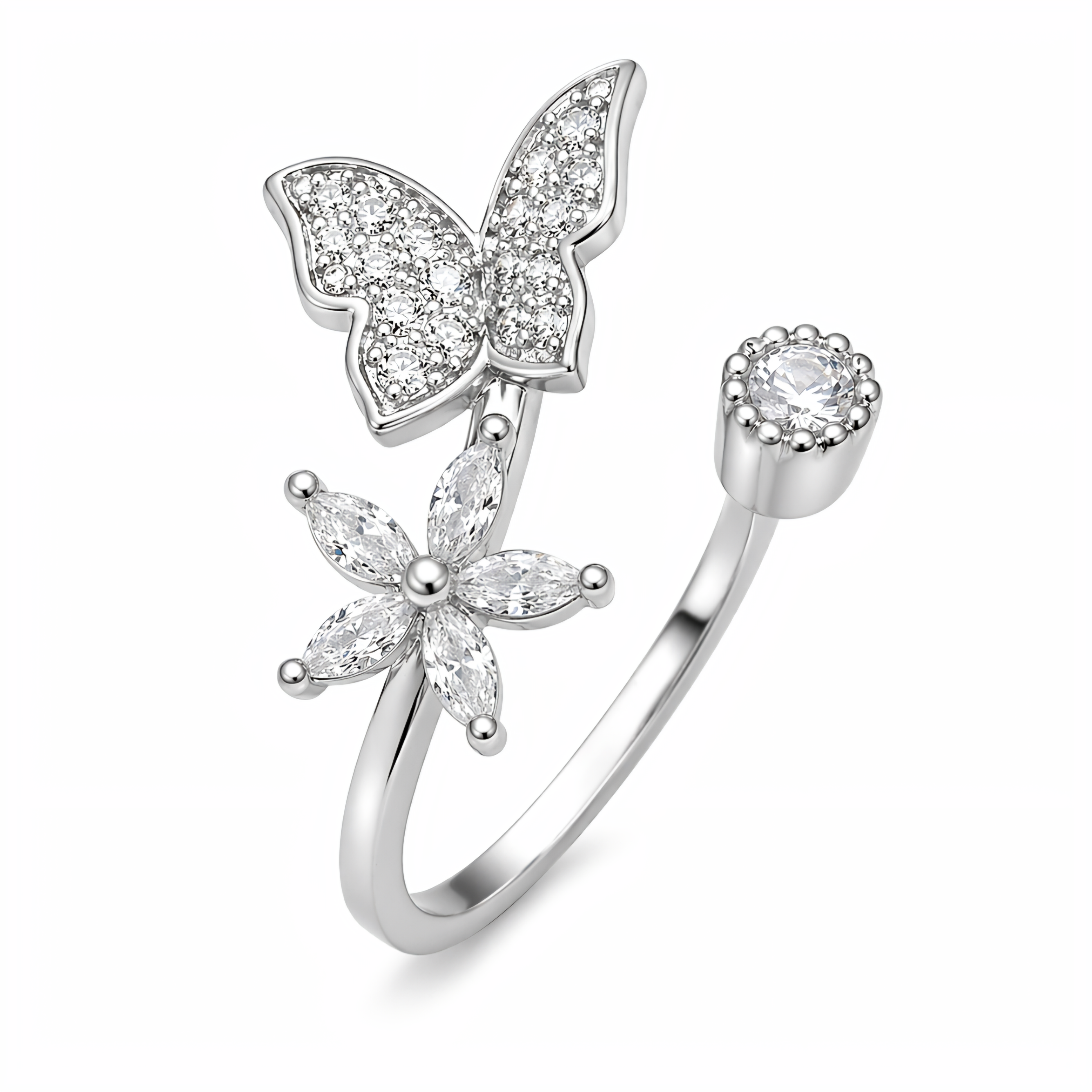 Elegant Butterfly & Flower Adjustable Ring